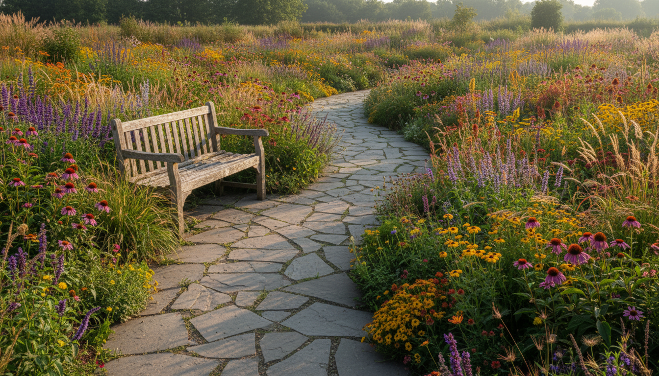 Wildblumenwiese mit Natursteinweg